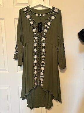 Olive Green Embroidered Long Sleeve Boho Tunic Dress